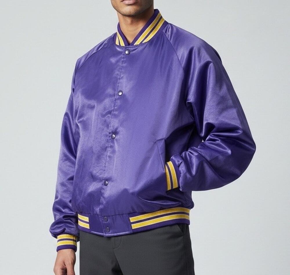 Vintage 90s ASW Satin Bomber Jacket Purple Gold Made USA Adult Large Blank L
